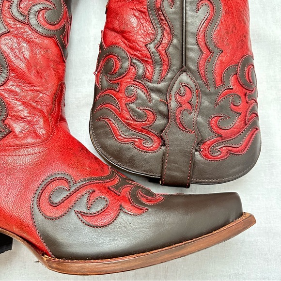 Tony Lama Women’s Red Brown Leather Cowboy Western Snip Toe Boots Size 9.5 - Picture 12 of 14